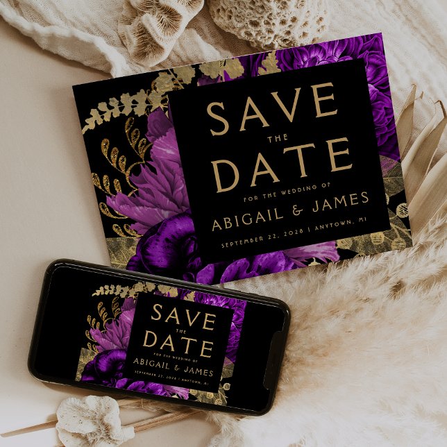 Dark Floral Purple Gold Wedding Save the Date Invitation (Creator Uploaded)