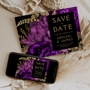 Dark Floral Purple Gold Wedding Save the Date Invitation