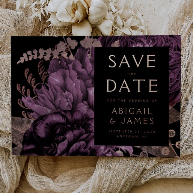 Dark Floral Purple Rose Gold Wedding Save the Date (Creator Uploaded)