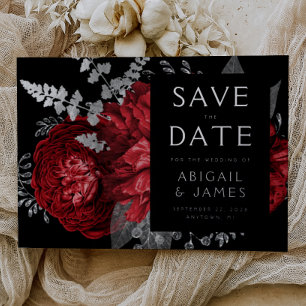 Dark Floral Red Silver Wedding Save the Date