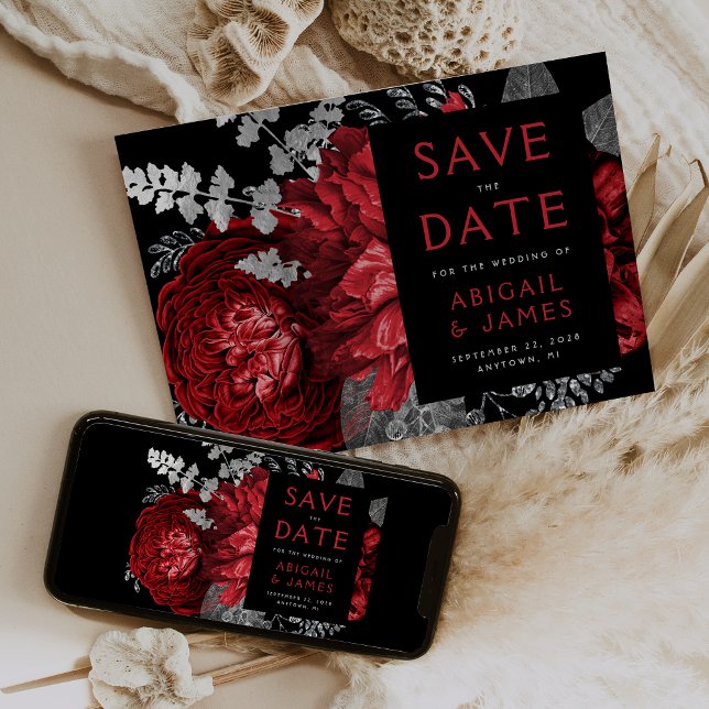 Dark Floral Red Silver Wedding Save the Date Invitation (Creator Uploaded)