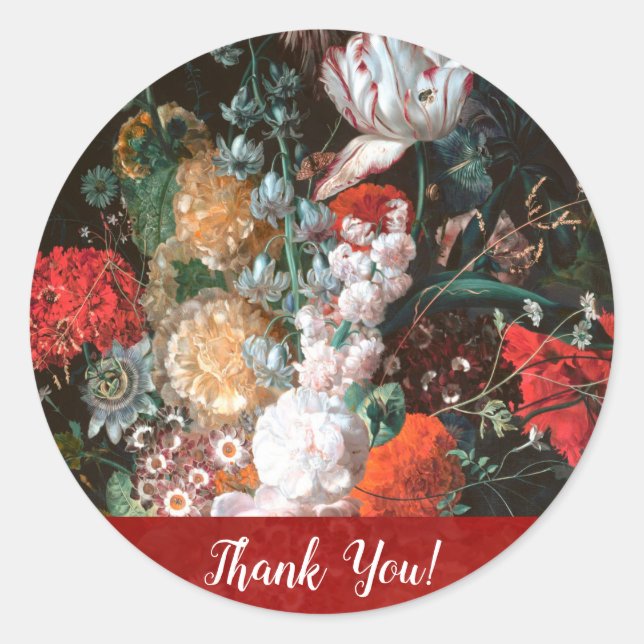 Dark Floral Roses Tulip Thank You Round Stickers (Front)