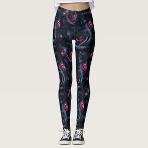Dark Floral Seamless Pattern -Black Roses and Ruby Leggings