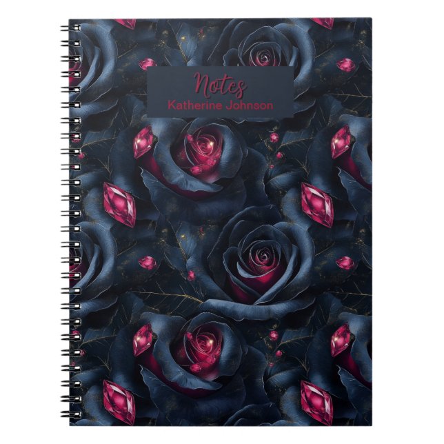 Dark Floral Seamless Pattern -Black Roses and Ruby Notebook (Front)