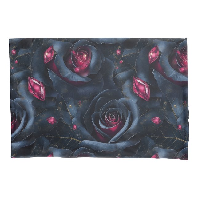 Dark Floral Seamless Pattern -Black Roses and Ruby Pillowcase (Front)