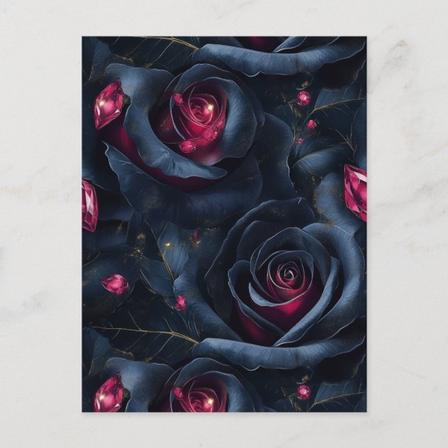 Dark Floral Seamless Pattern -Black Roses and Ruby Postcard (Front)