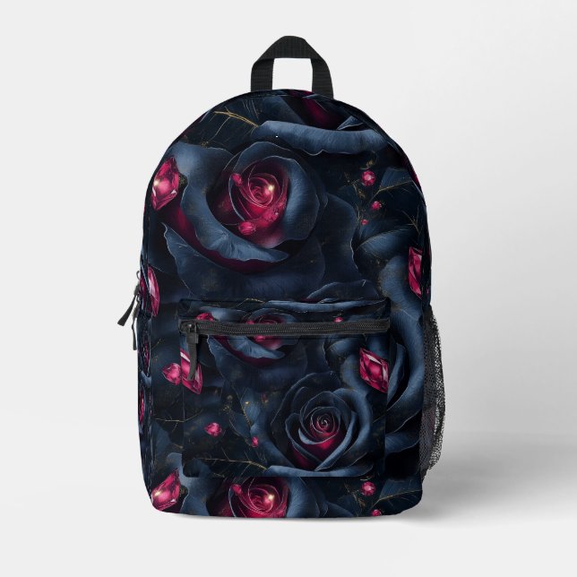 Dark Floral Seamless Pattern -Black Roses and Ruby Printed Backpack (Front)