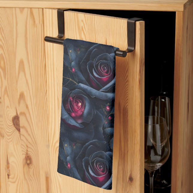 Dark Floral Seamless Pattern -Black Roses and Ruby Tea Towel (Thirds Fold)