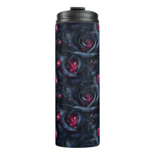 Dark Floral Seamless Pattern -Black Roses and Ruby Thermal Tumbler