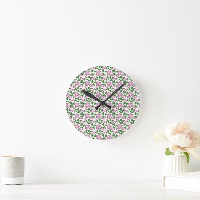 Dark Floral Seamless Pattern Pink Flowers Green Le Round Clock (Home)