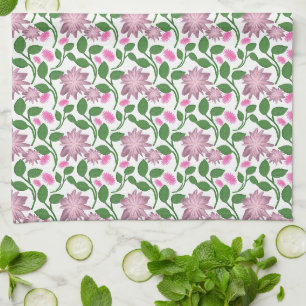 Dark Floral Seamless Pattern Pink Flowers Green Le Tea Towel