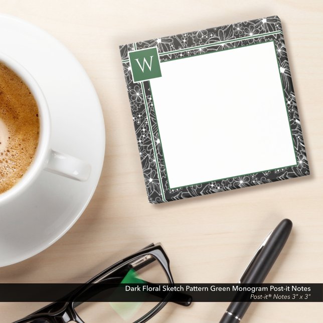 Dark Floral Sketch Pattern Black Green Monogram Post-it Notes (Dark Floral Black and White Sketch Pattern Post-it Notes with Green Monogram)