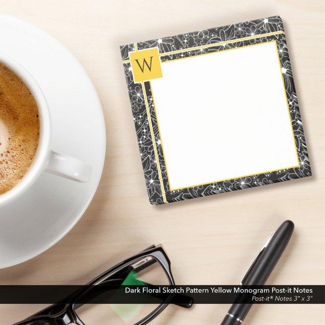 Dark Floral Sketch Pattern Black Yellow Monogram Post-it Notes (Dark Floral Black and White Sketch Pattern Post-it Notes with Yellow Monogram)