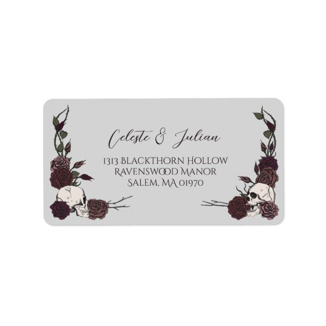 Dark Floral Skull Gothic Wedding Return Address Label (Front)