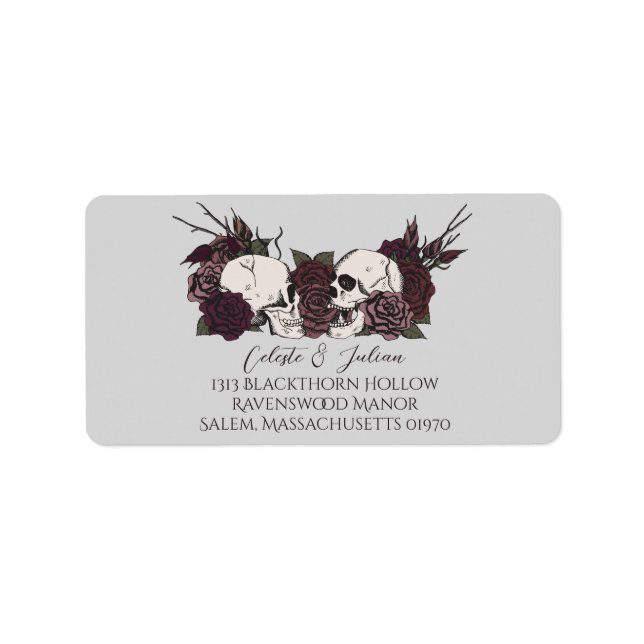 Dark Floral Skull Gray Wedding Return Address Label (Front)
