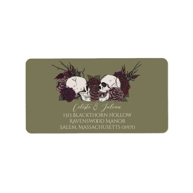 Dark Floral Skull Olive Green Return Address Label (Front)