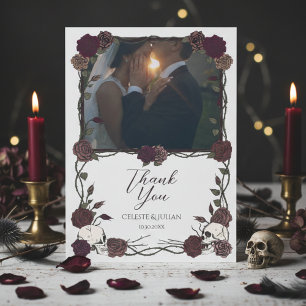 Dark Floral Skull Photo Wedding Thank You Card