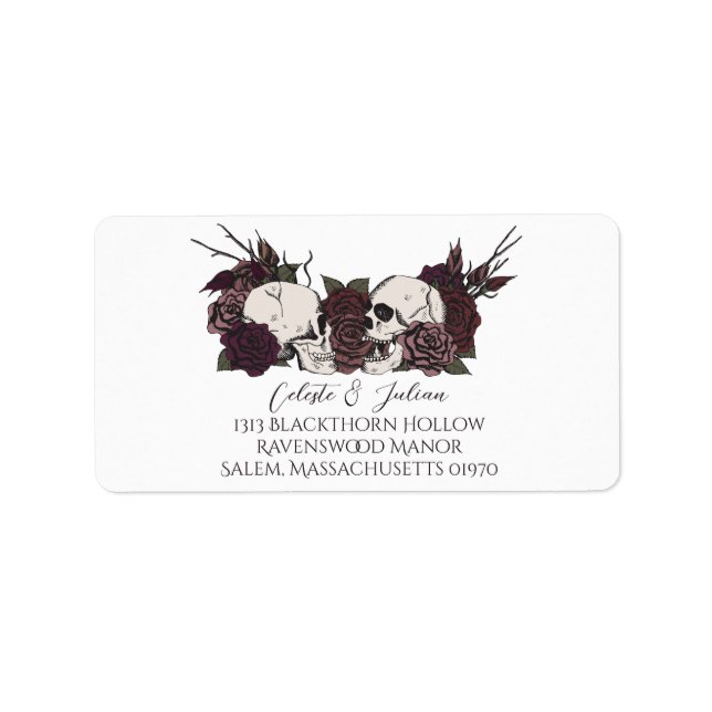 Dark Floral Skull White Wedding Return Address Label (Front)