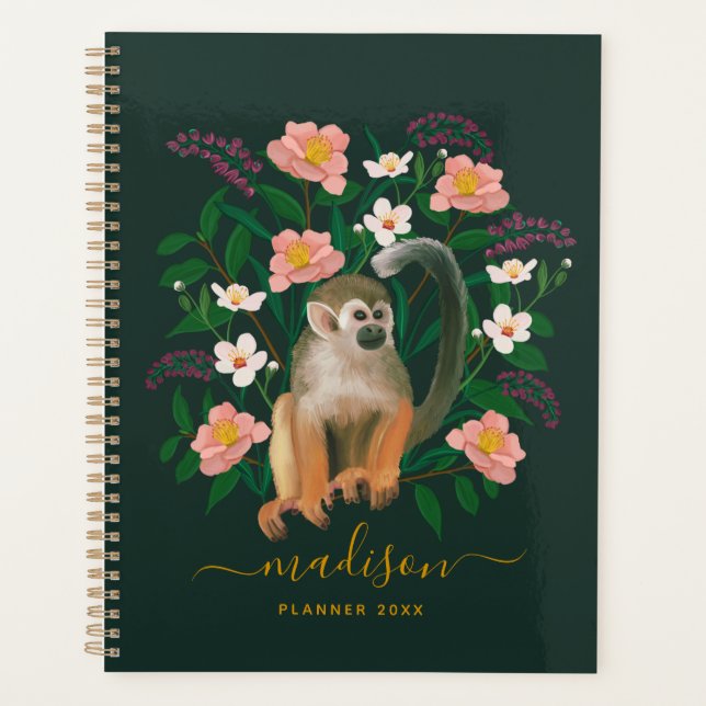 Dark Floral Squirrel Monkey Personalised 2023 Planner (Front)