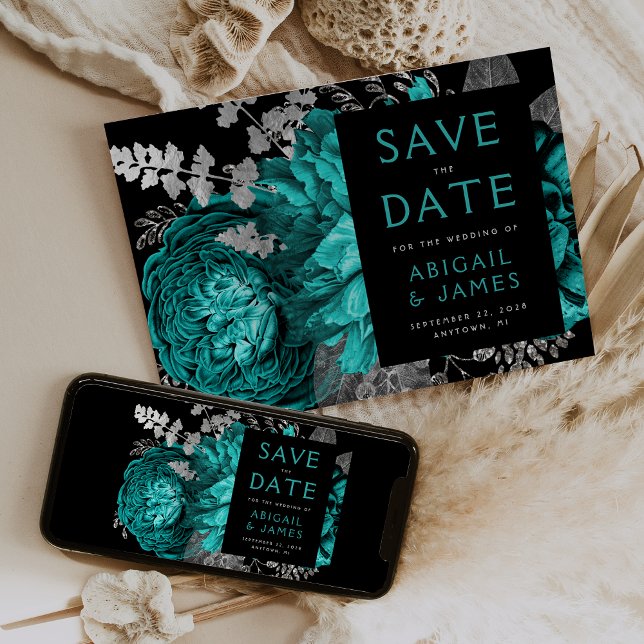 Dark Floral Teal Blue Silver Wedding Save the Date Invitation (Creator Uploaded)