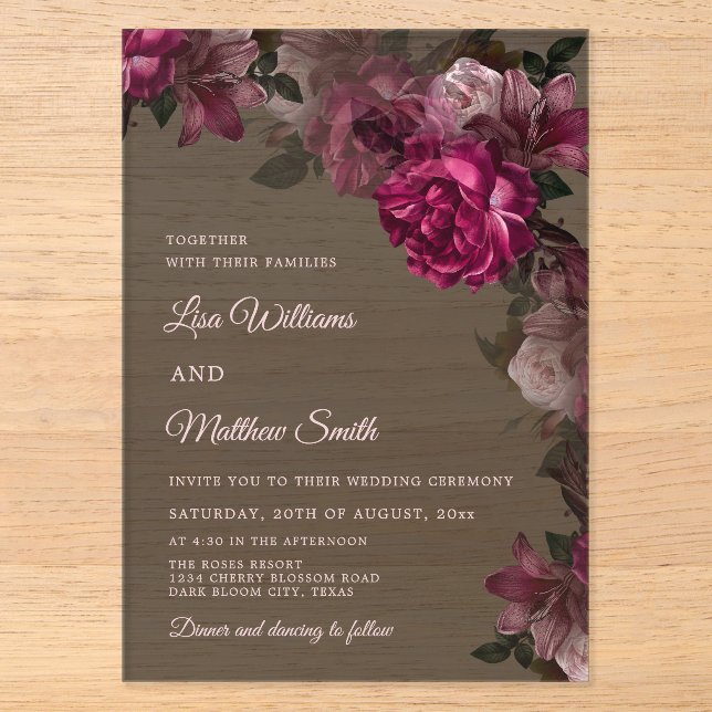 Dark Floral Transparent Wedding Acrylic Invitation (Front)