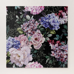 Dark Floral Watercolor Seamless Design Jigsaw Puzzle