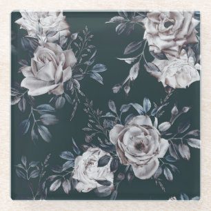 Dark floral watercolor, seamless pattern glass coaster