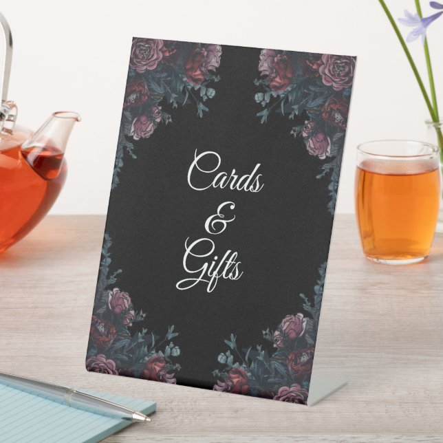 Dark Floral Wedding Gothic Black Cards Gifts Pedestal Sign (In SItu)