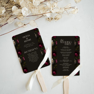 Dark Floral Wedding Program Elegant Burgundy Hand Fan