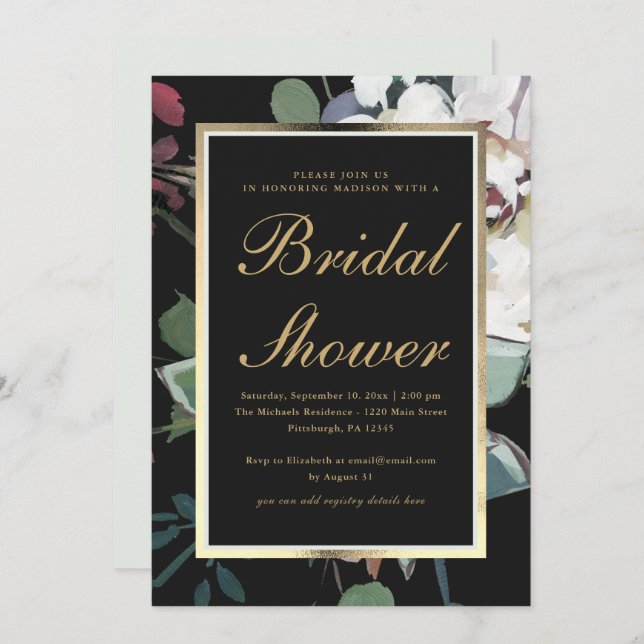Dark Floral with Faux Gold Frame Bridal Shower Invitation (Front/Back)