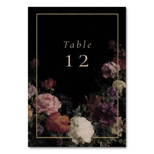 Dark Flowers Elegant Black Wedding Table Number (Front)