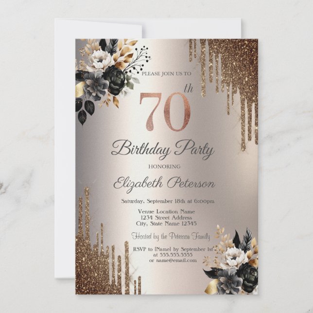 Dark Flowers Glitter Drips Ivory 18th Invitation (Front)