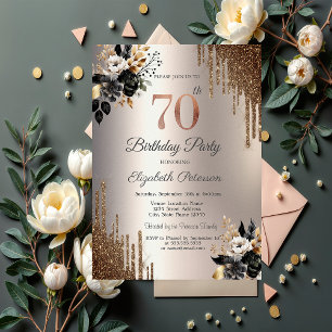 Dark Flowers Glitter Drips Ivory 18th Invitation