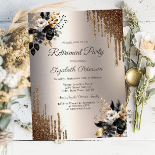 Dark Flowers Glitter Drips Ivory Retirement Party Invitation