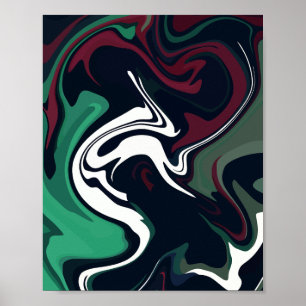 Dark Fluid Art with Green, white and Maroon Swirls Poster