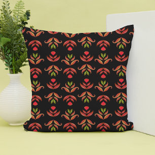 Dark Folk Art Floral Print Cosy Rustic Black Fall Cushion