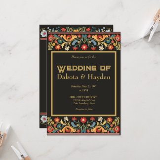 Dark folk art wedding invitation, gold script invitation