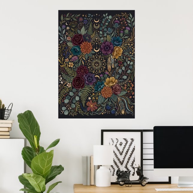 Dark Folk Floral Pattern Poster (Home Office)