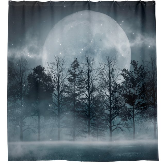 Dark forest. Gloomy dark scene with trees, big moo Shower Curtain (Front)