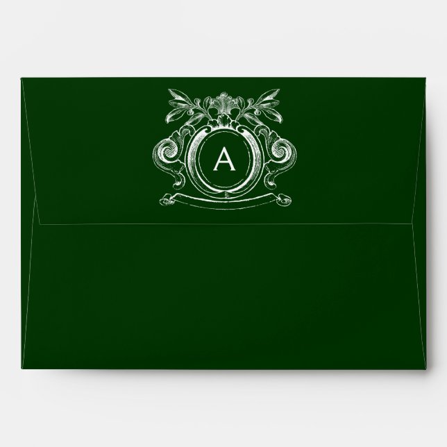 Dark Forest Green A7 Scrollwork Monogram Envelopes (Back (Top Flap))
