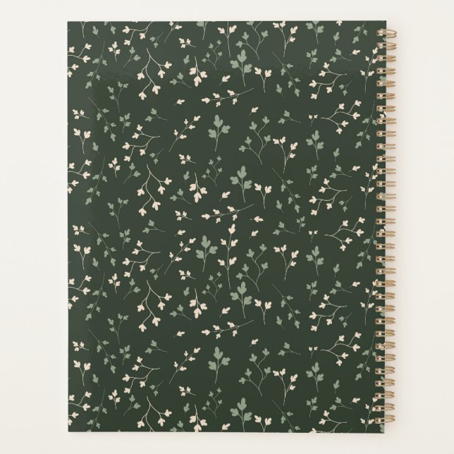 Dark Forest Green Ditsy Botanical Leaf Pattern Planner (Back)
