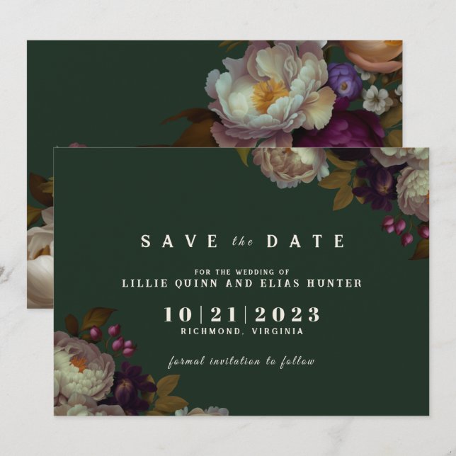 Dark Forest Green | Elegant Floral Jewel Tone Save The Date (Front/Back)