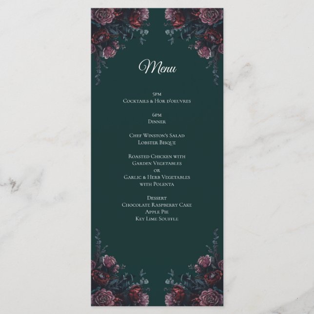 Dark Forest Green Elegant Wedding Maroon Mauve Menu (Front)
