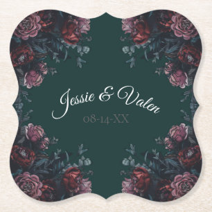 Dark Forest Green Elegant Wedding Maroon Mauve Paper Coaster