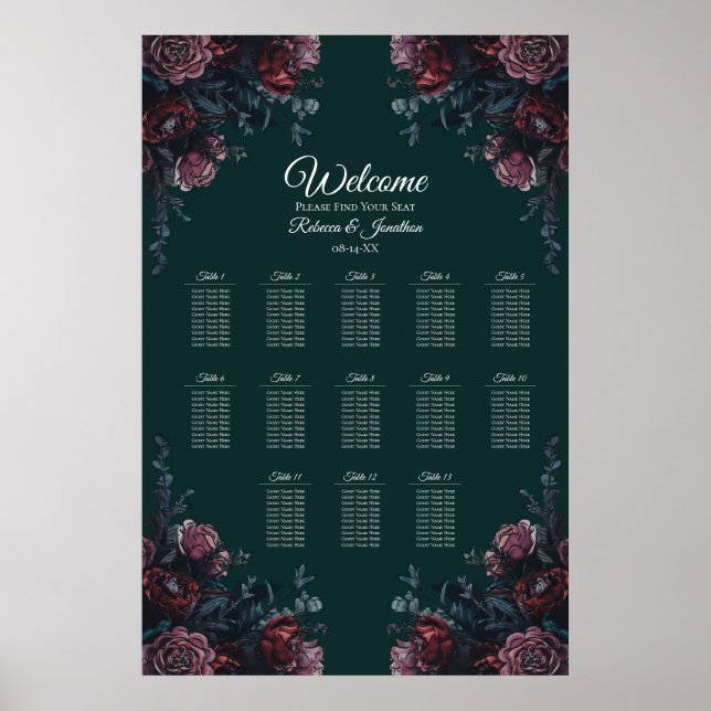 Dark Forest Green Elegant Wedding Seating Chart (Front)