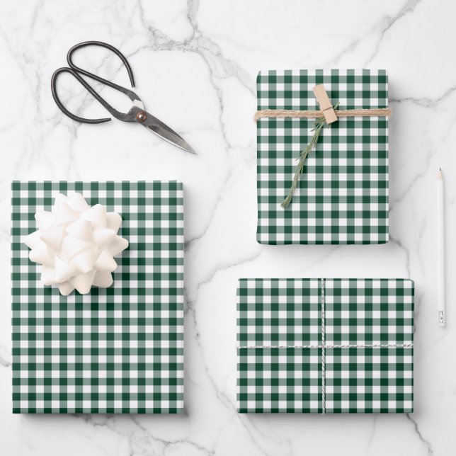 Dark Forest Green Gingham Check Pattern Wrapping Paper Sheet (Front)
