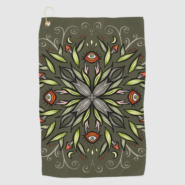 Dark Forest Green Goblincore Mushroom Eyes Trippy Golf Towel (Front)