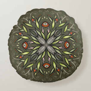 Dark Forest Green Goblincore Mushroom Eyes Trippy Round Cushion