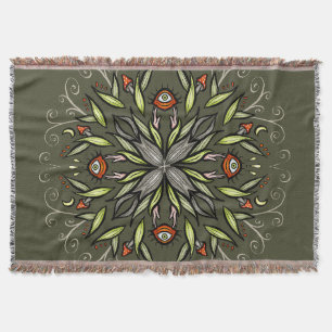 Dark Forest Green Goblincore Mushroom Eyes Trippy Throw Blanket