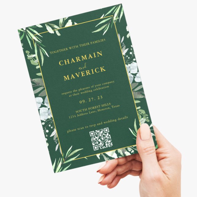 Dark Forest Green Minimal Border Text Gold Wedding Invitation (Creator Uploaded)